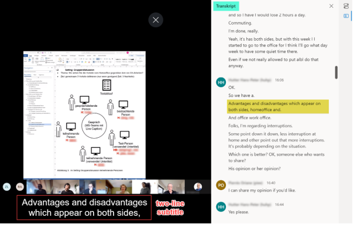 Overview of the user interface with live subtitling on the bottom side and live transcription on the right side