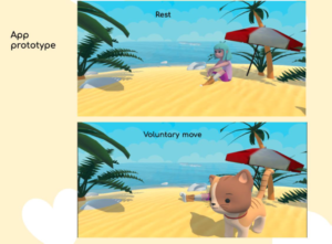 L'image montre un prototype de l'application. En haut, une fille est assise sur une plage. Il est écrit "repos". En bas, un chat passe devant la fille. Il est écrit "mouvement volontaire".