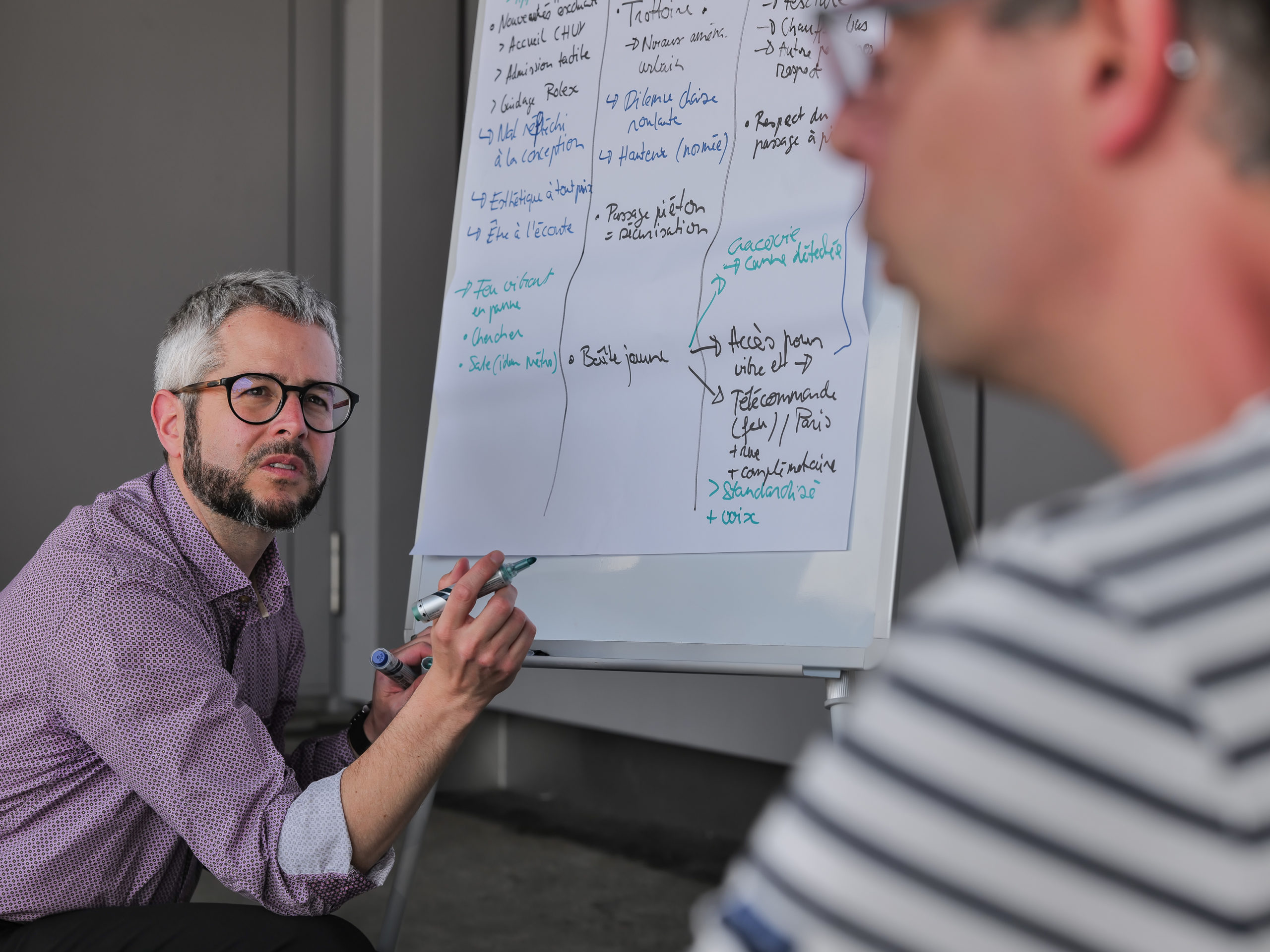 Benjamin Nanchen annota sulla lavagna ciò che un partecipante ha condiviso durante il workshop di ideazione.